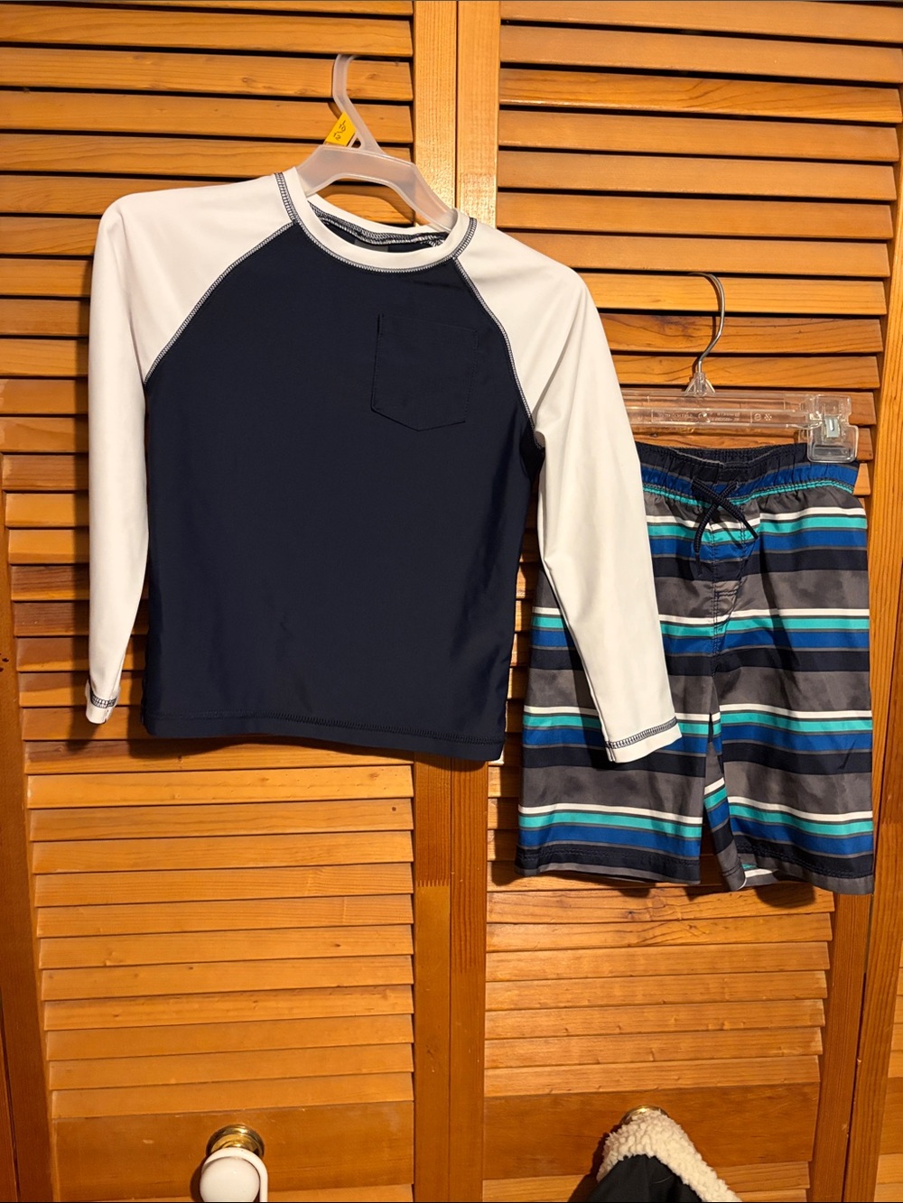 Old Navy Navy and White Long-Sleeve Rash Guard Set with Striped Swim Trunks